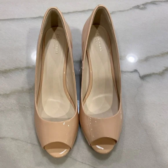 Cole Haan Wedge Heels Size 9.5 Nude Beige Peep Toe NWOB - Picture 2 of 16